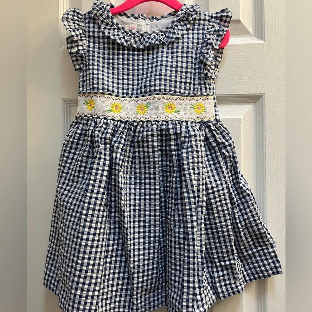 Bonnie Jean Blue Checkered Dress with Yellow Floral Accents
